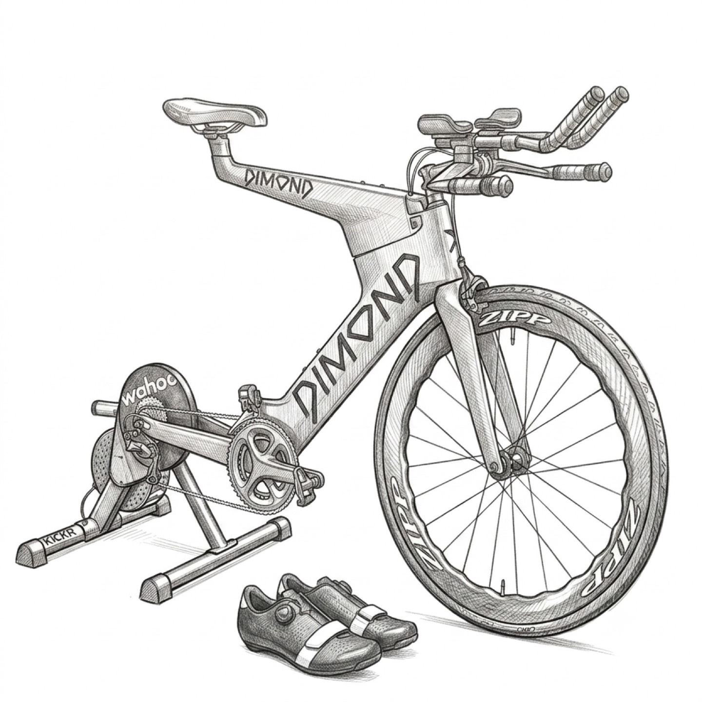 Ein Dimond-Zeitfahrrad auf einem Wahoo-KICKR-Trainer, daneben ein Paar Rennrad-Schuhe