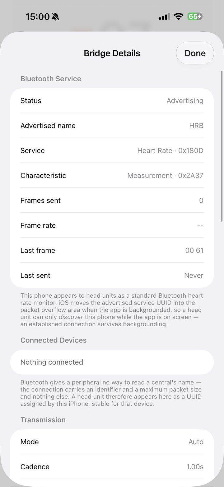 Bridge details listing service UUID, characteristic, frames sent, and MTU.