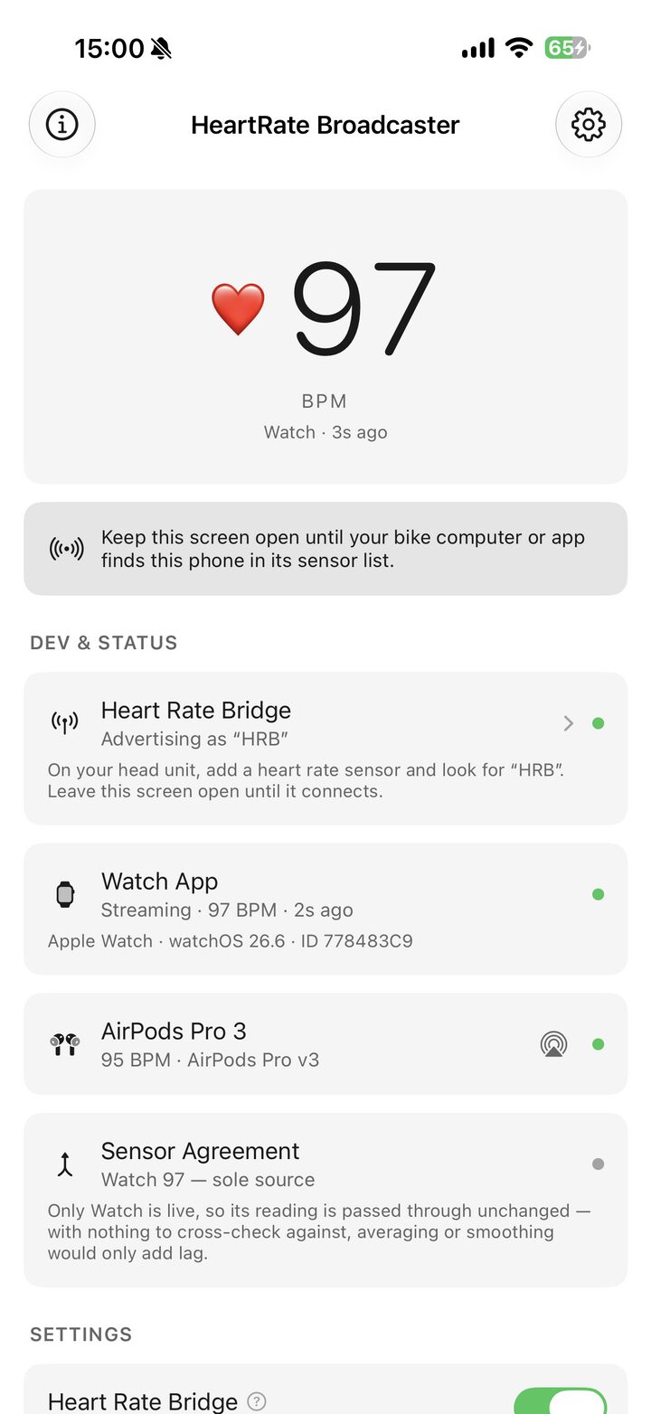 HeartRate Broadcaster showing 96 BPM from Apple Watch, a Sensor Agreement row reading Watch only, and a connected head unit.