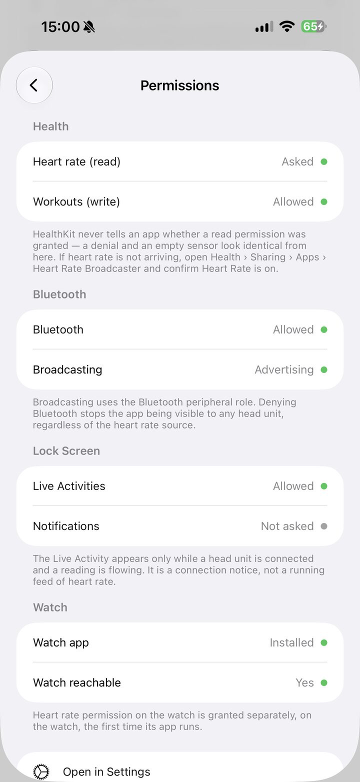 Permissions screen listing Bluetooth, HealthKit, and notification access with their current state.