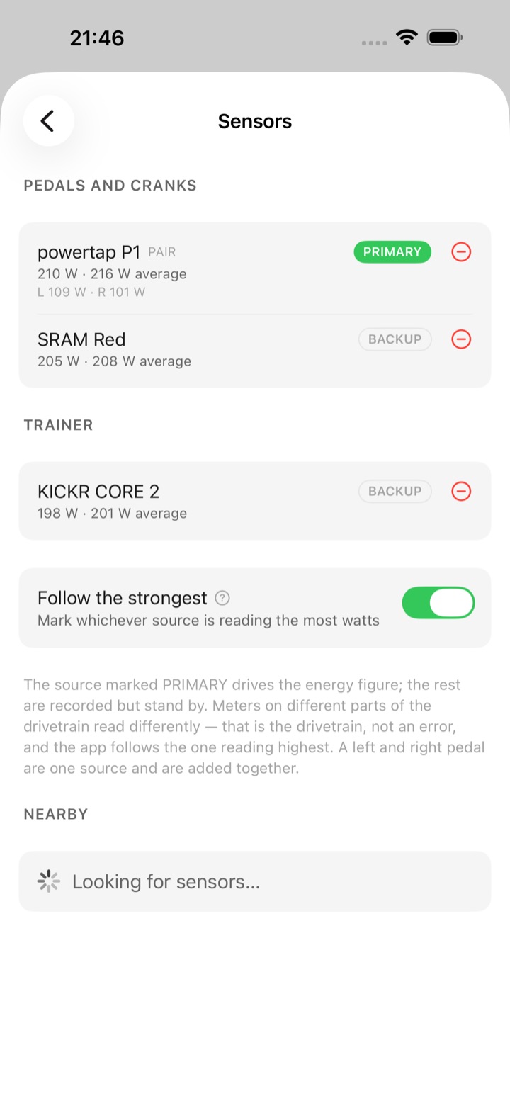 หน้าจอ Sensors: ชุดเพดัล PowerTap P1 สองชิ้นถูกกำหนดเป็น PRIMARY พร้อมแสดงค่าซ้ายและขวาใต้ค่ารวม เพลาขับ SRAM Red และ KICKR CORE 2 ถูกกำหนดเป็น BACKUP