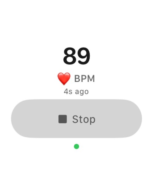 Apple Watch app showing a live heart rate and link state.